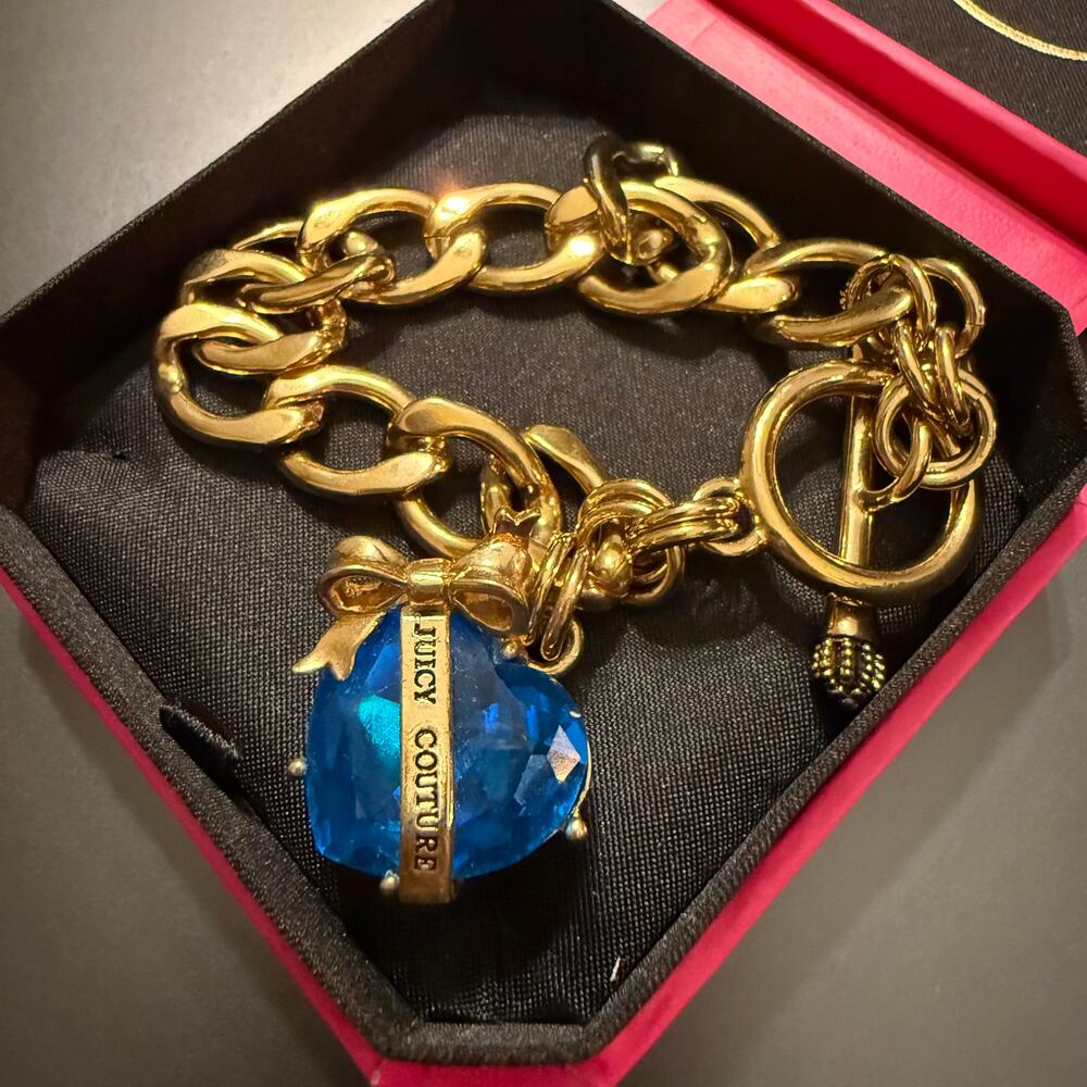 Juicy Couture Blue Heart & Ribbon Charm Gold Link Bracelet